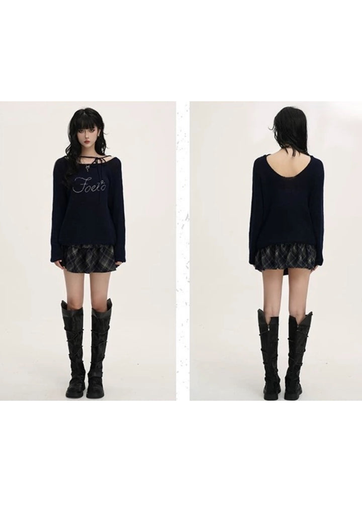 Ribbon Neck Sheer Knit Tops /LG1389