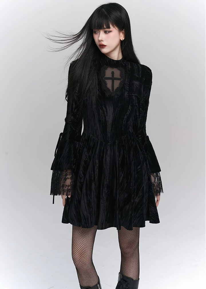 【당일 배송】goth velvet lacing mini dress/lg1139 