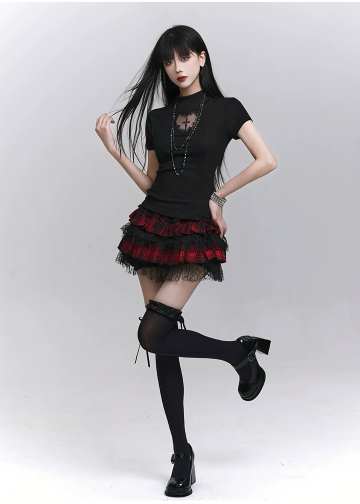Red Check Frill Skirt  / LG1295_e4r