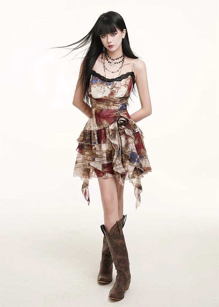 Art Print Frill Cami Dress / lg1320 