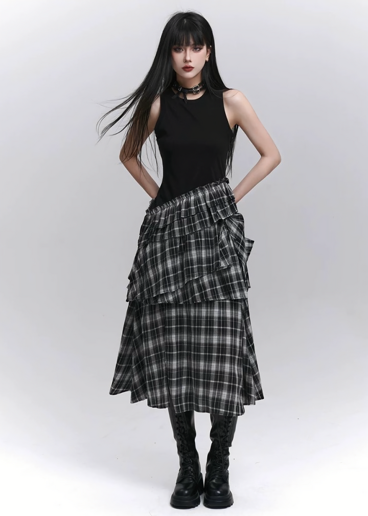GOTHIC ASYMMETRY CHECK DRESS / LG1283