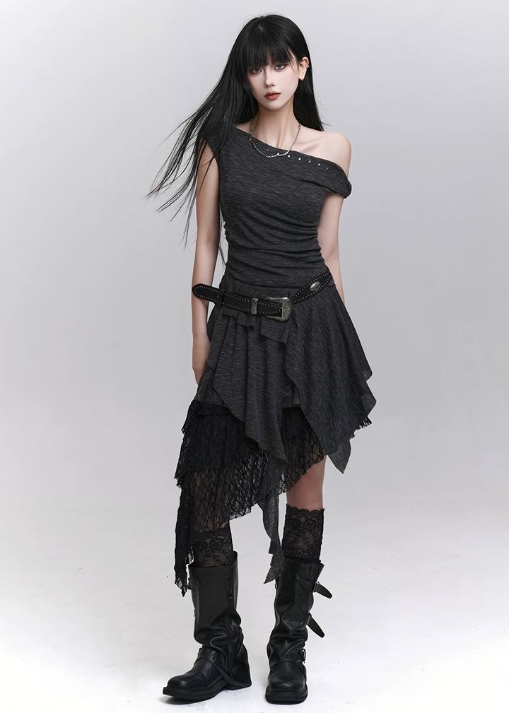 Asymmetrical layered off-shoulder dress / lg1318