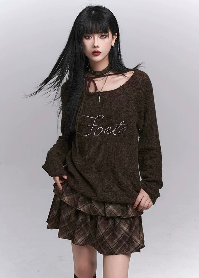 Ribbon Neck Sheer Knit Tops /LG1389