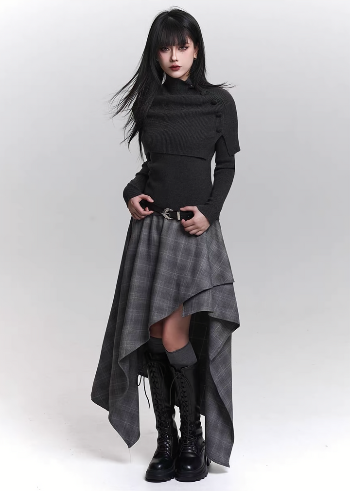 ASYMMETRIC SHADOW CHECK SKIRT/LG1470