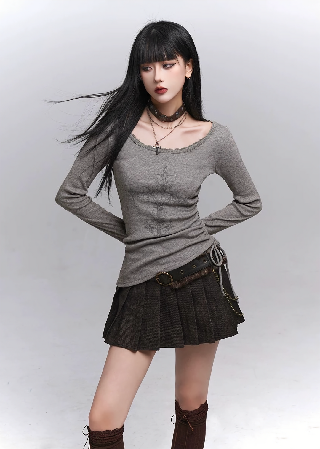 CHAIN BELT PLEATED MINI SKIRT / lg1333