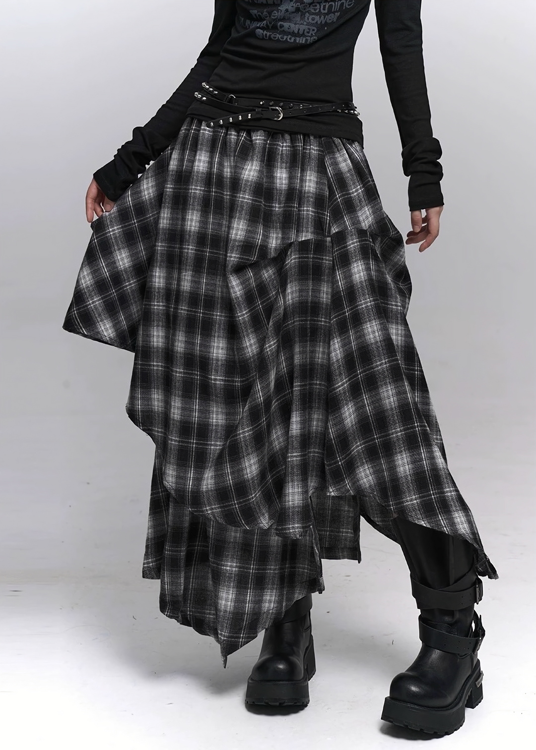 Asymmetry Check Maxi Skirt / lg1371