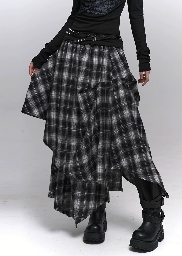 Asymmetry Check Maxi Skirt / lg1371