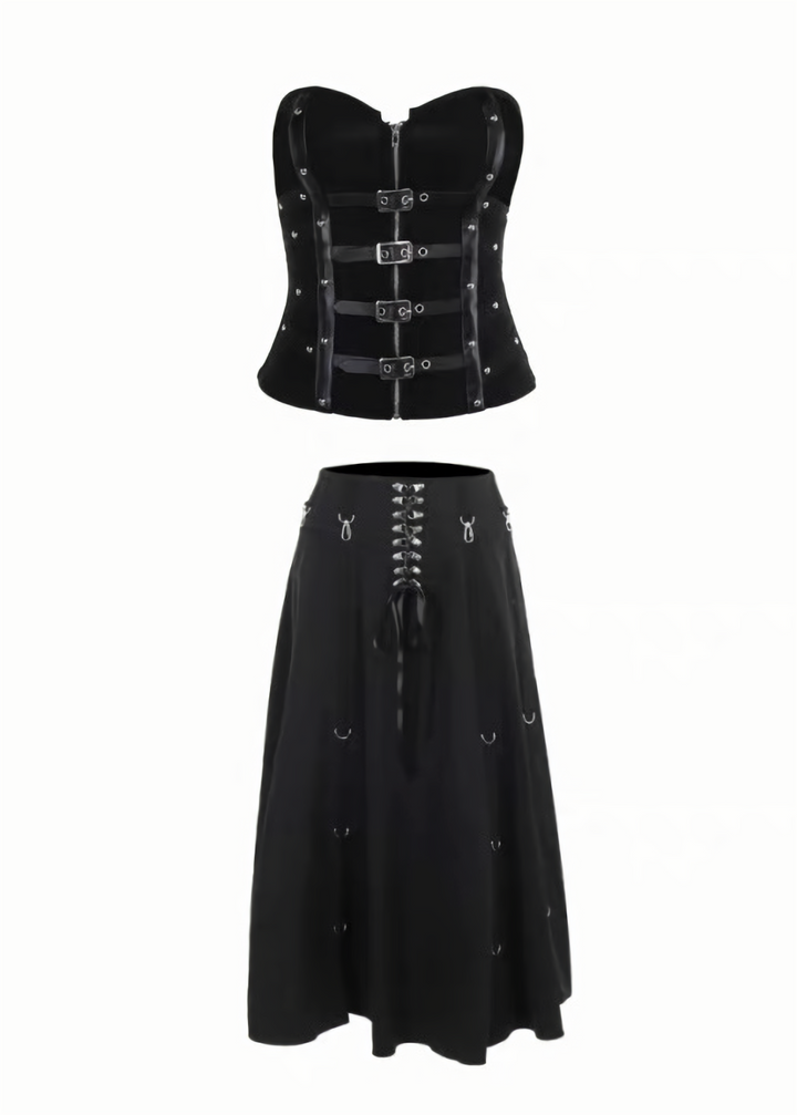 DARK BUCKLE BUSTIER TOP &amp; ASYMMETRIC LONG SKIRT / LG1667