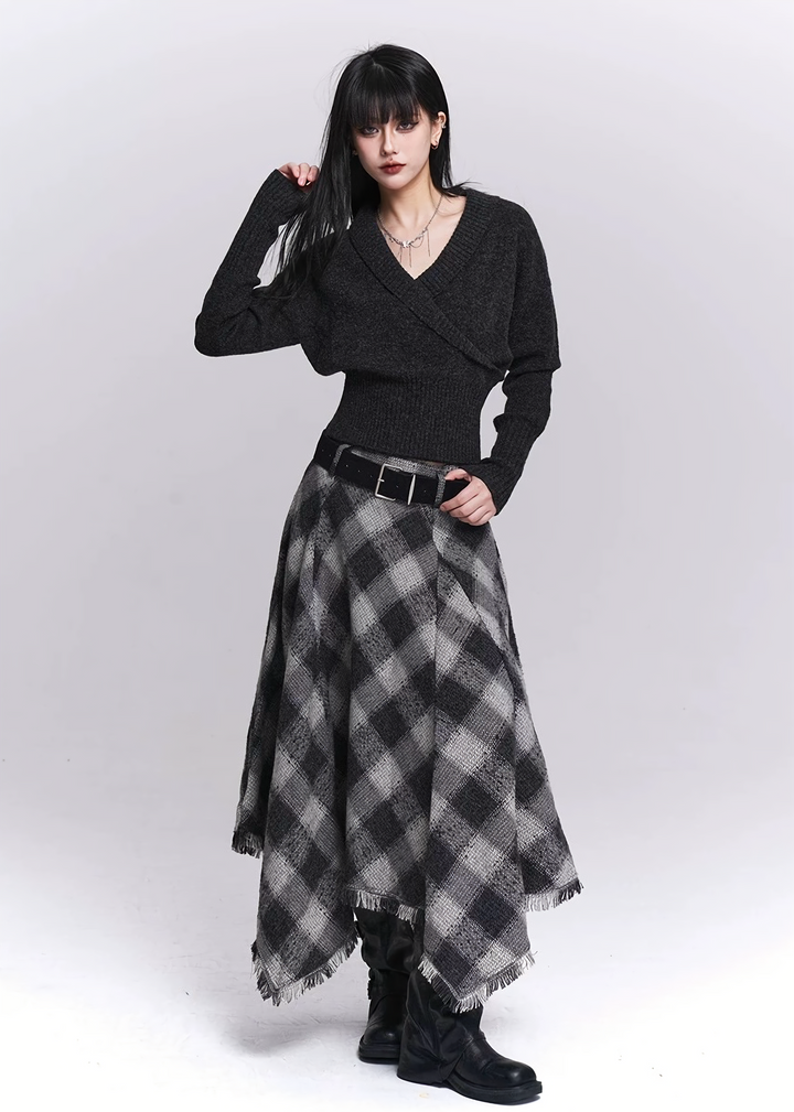 BLACK & GREY CHECK IRREGULAR MIDI SKIRT / LG1533