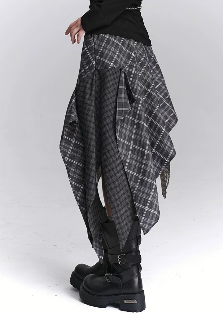 ASYMMETRY CHECK DRAPE SKIRT / LG1447