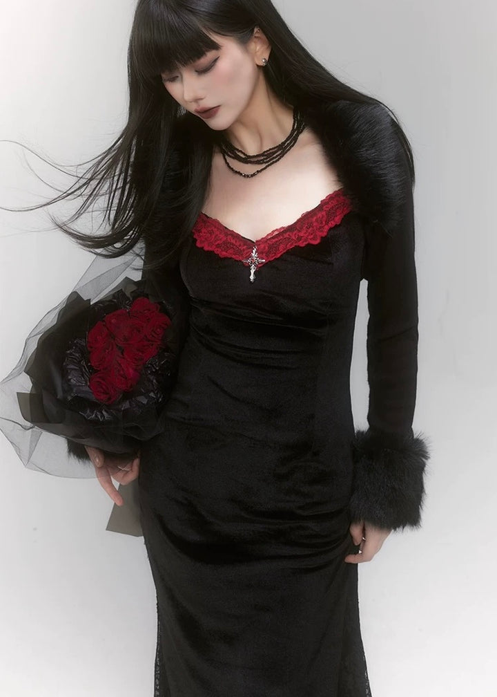velvet black dress &amp; cropped fur jacket / LG1211