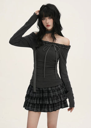 OFF SHOULDER LACE RIB TOP / LG1536