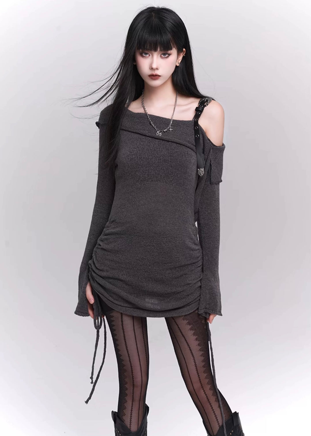 slim slant shoulder knit dress / LG1149 