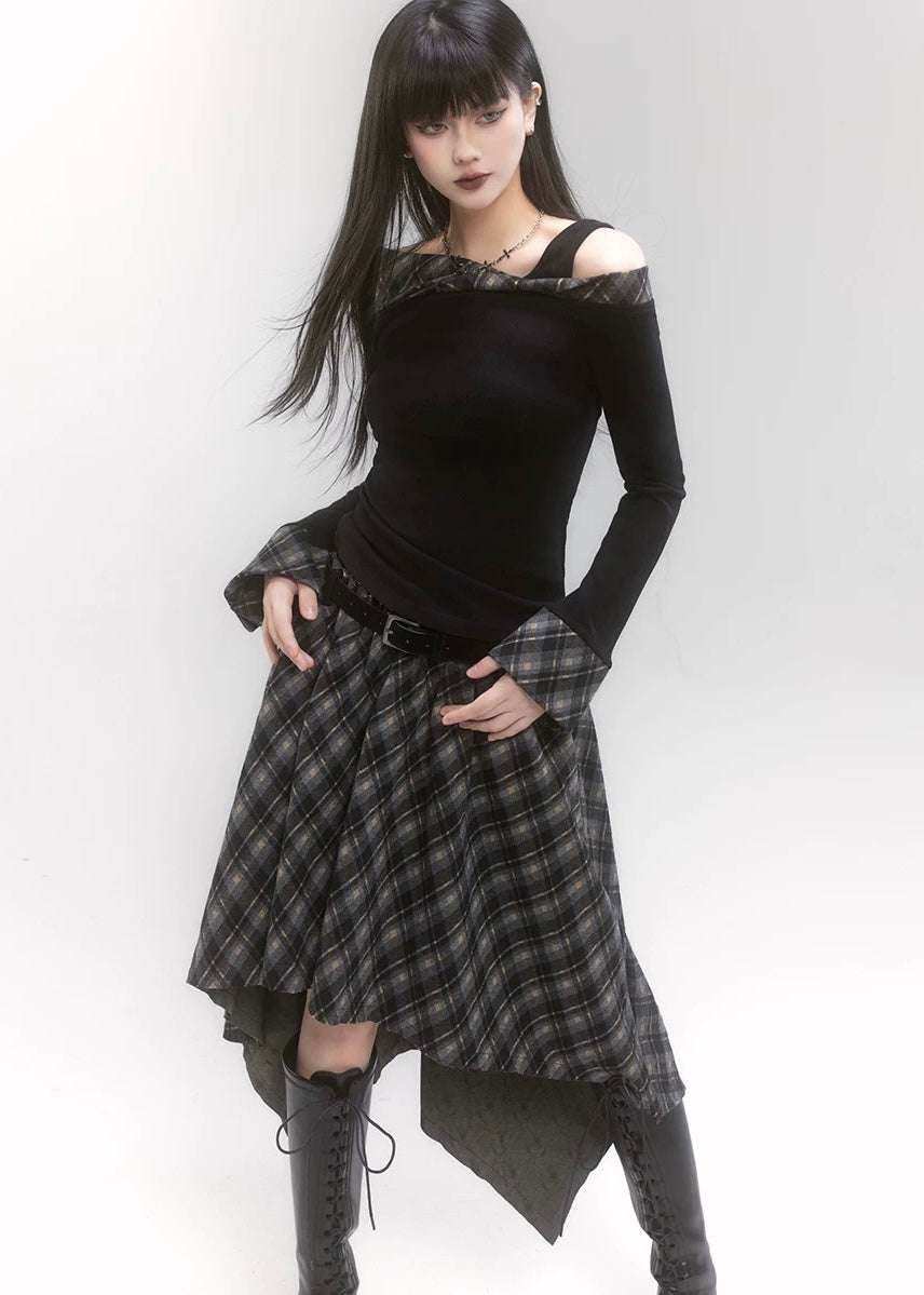 off shoulder check top &amp; unbalanced check skirt / LG1189 