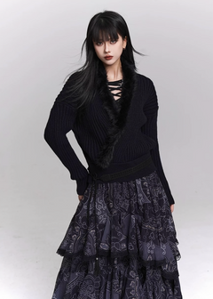 SOFT FUR TRIM V-NECK KNIT SWEATER / LG1500