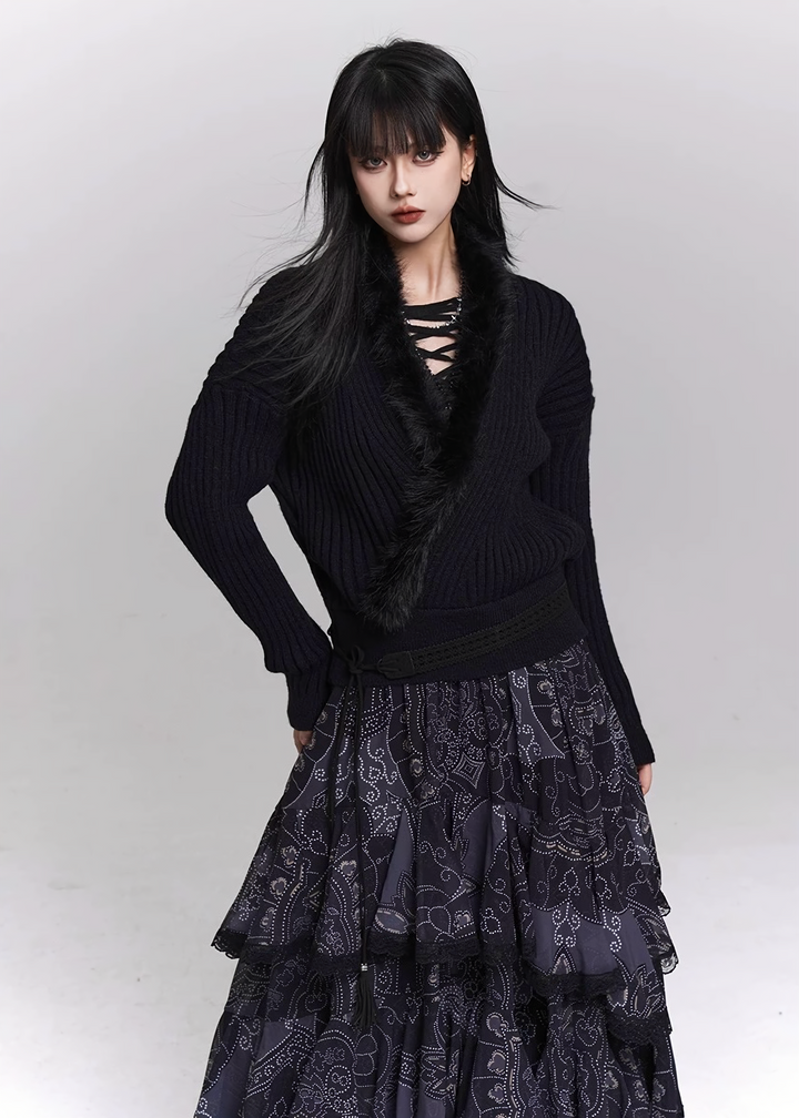 SOFT FUR TRIM V-NECK KNIT SWEATER / LG1500