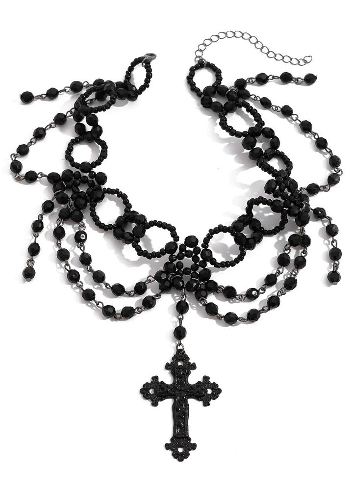BLACK GOTHIC CROSS BEADS CHOKER / A1153