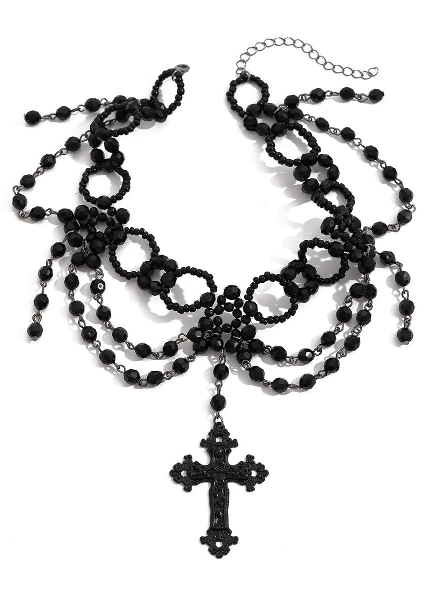 BLACK GOTHIC CROSS BEADS CHOKER / A1153