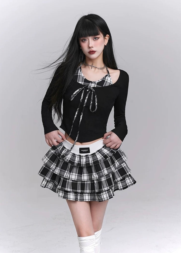 Checkered Tiered Mini Skirt Set / LG1221 