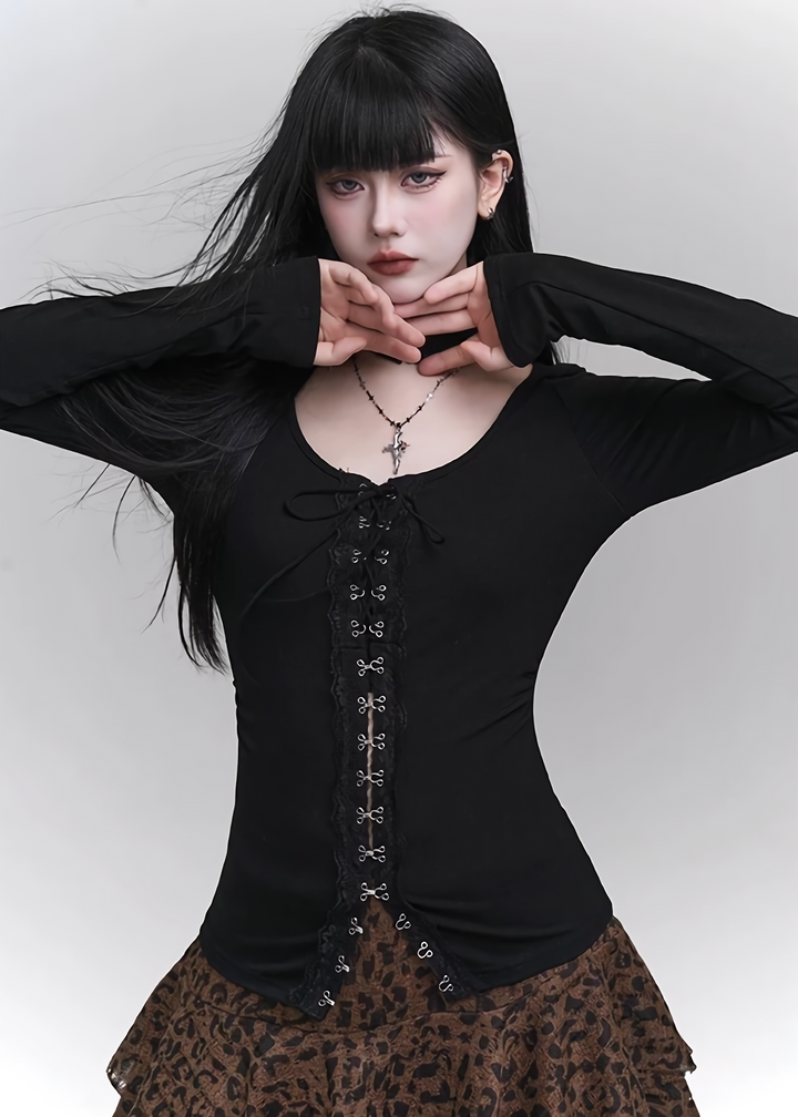 [Same-day shipping] Black lace cut and sew + leopard print skirt / LG1160