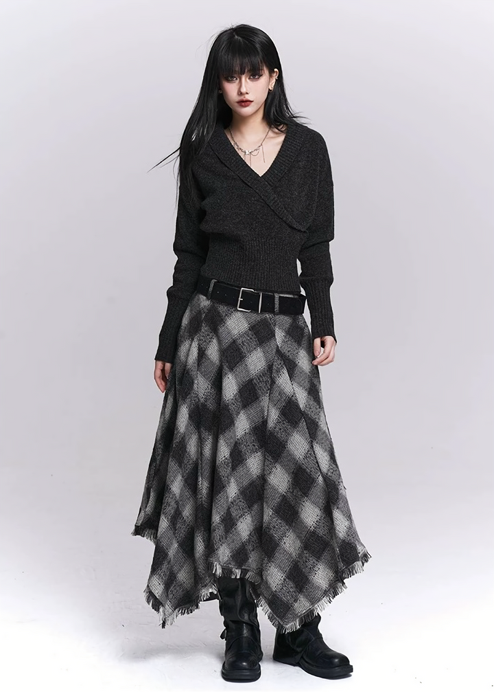 BLACK & GREY CHECK IRREGULAR MIDI SKIRT / LG1533