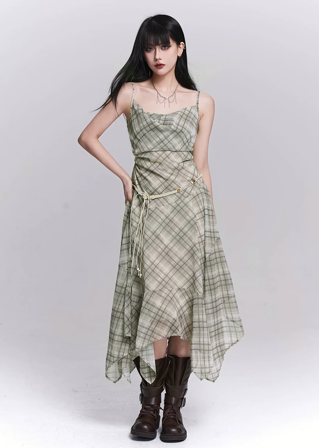 PLAID DRAPE IRREGULAR DRESS / LG1545