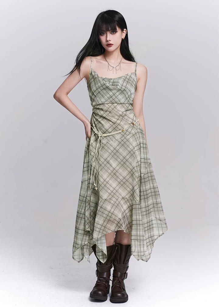 PLAID DRAPE IRREGULAR DRESS / LG1545