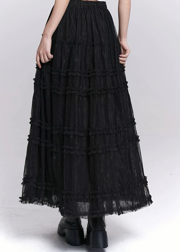 BLACK LACE TIERED MESH SKIRT / LG1531_e4r