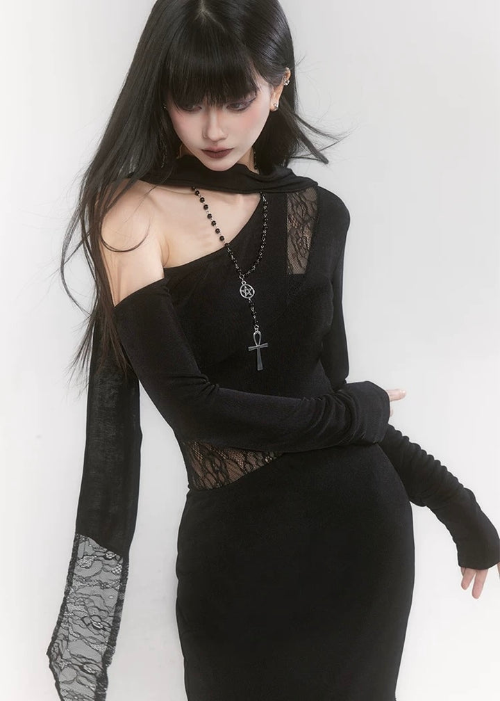 [Same-day delivery] One shoulder scarf dark dress / LG1190