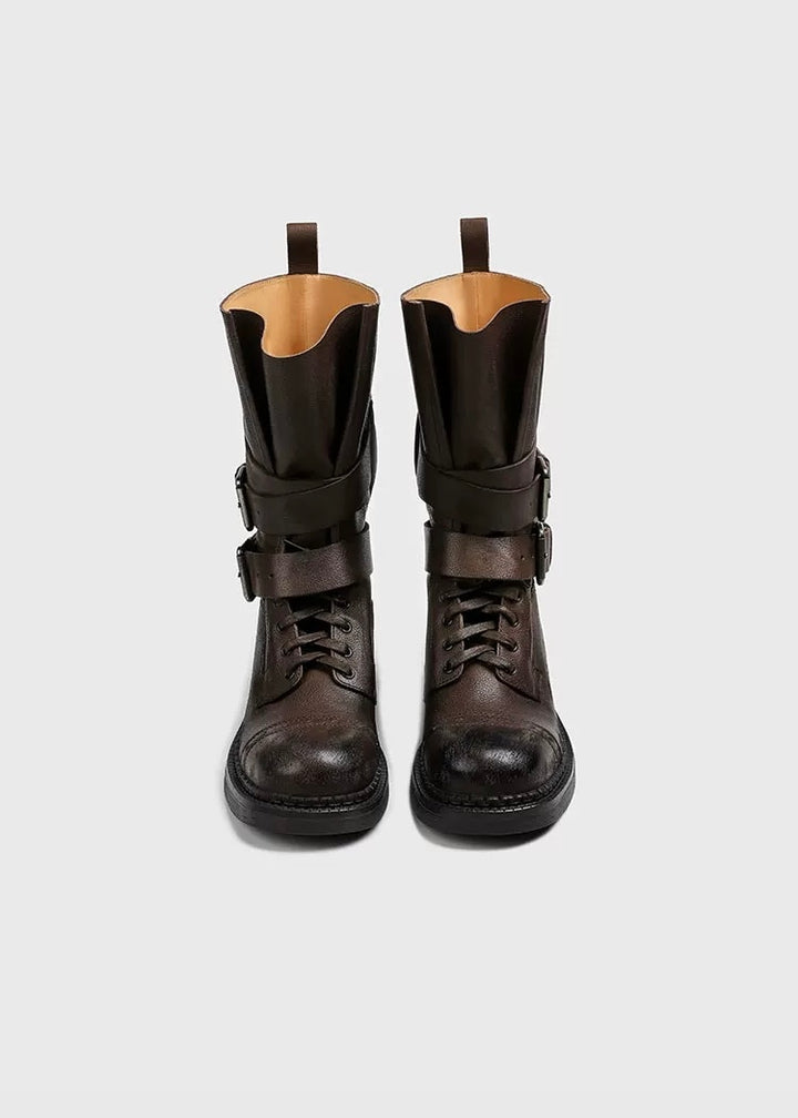 Double belt high-top lace-up boots / v1152