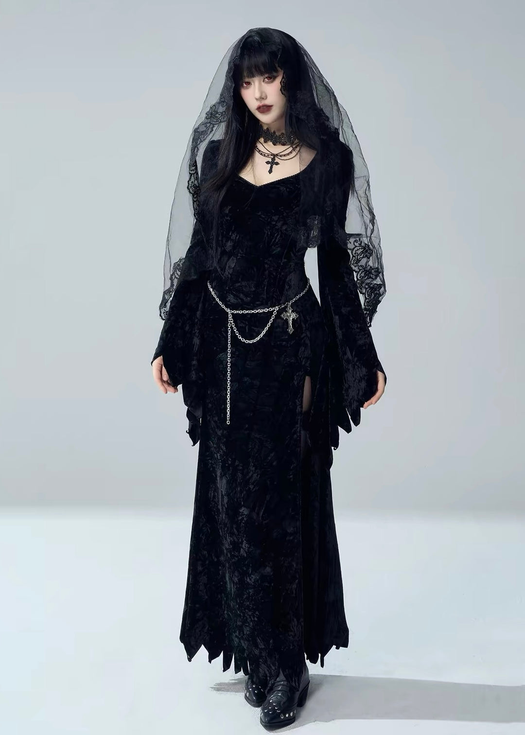 VELVET BELL SLEEVE SLIT LONG DRESS / LG1730