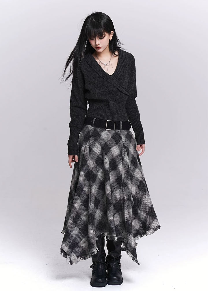 BLACK &amp; GREY CHECK IRREGULAR MIDI SKIRT / LG1533
