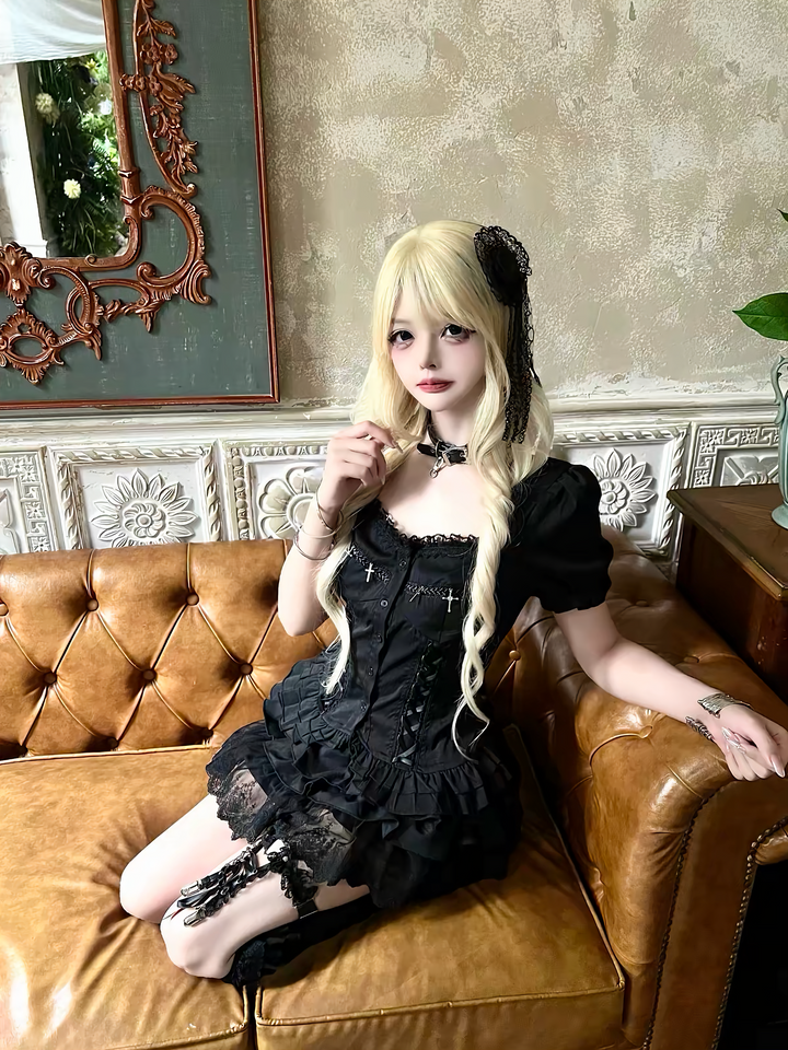 GOTHIC CROSS LACE-UP PEPLUM TOP / LG1671