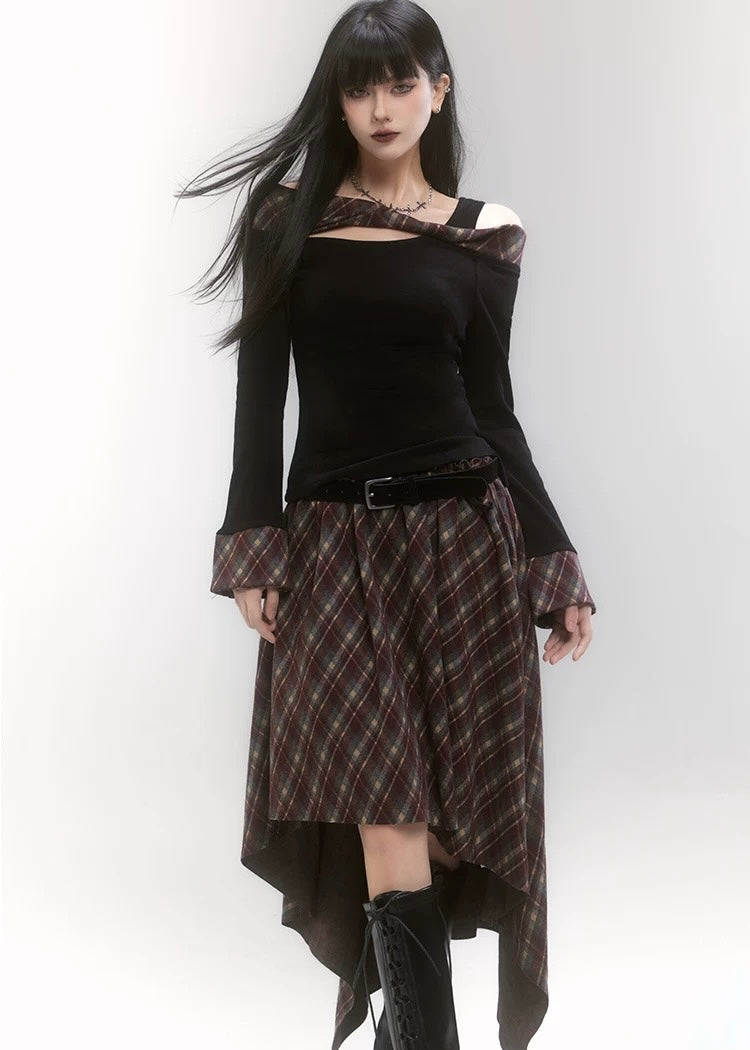 off shoulder check top &amp; unbalanced check skirt / LG1189 