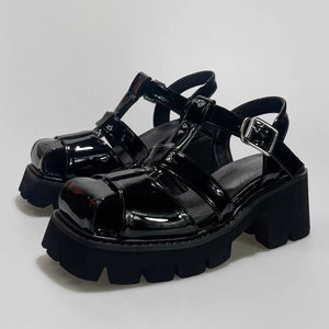 DARK Patent Strap Chunky Heel Sandals / V1181