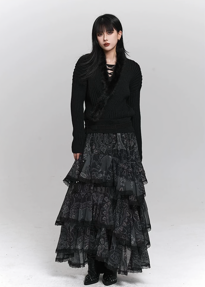 SOFT FUR TRIM V-NECK KNIT SWEATER / LG1500
