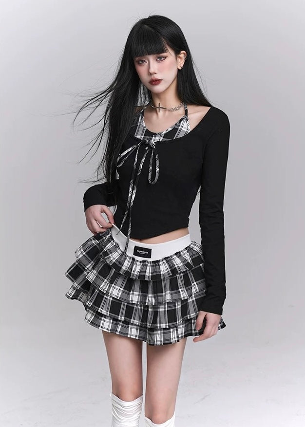 Checkered Tiered Mini Skirt Set / LG1221 
