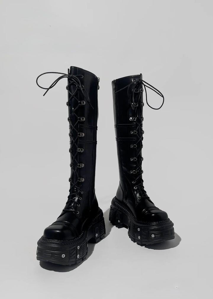 Black platform lace-up long boots / V1101