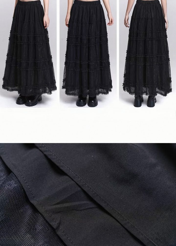 BLACK LACE TIERED MESH SKIRT / LG1531_e4r