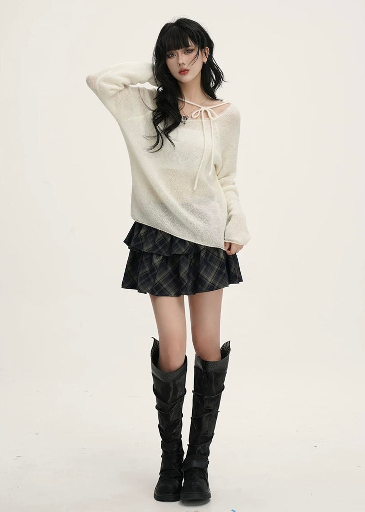 Ribbon Neck Sheer Knit Tops /LG1389
