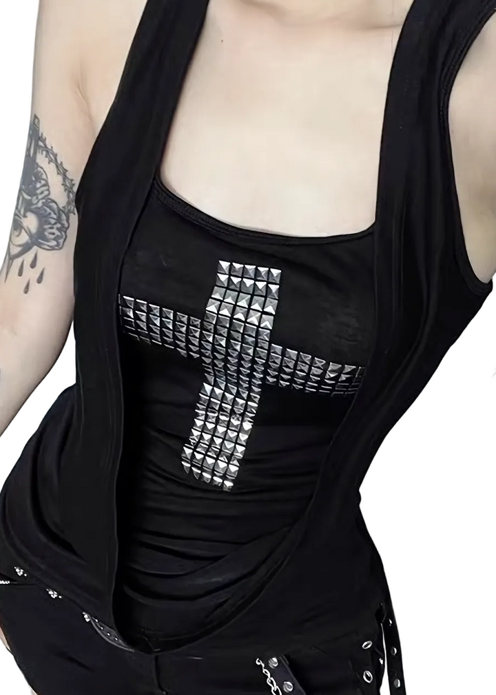 DARK STUD CROSS DRAPE TANK TOP / LG1633