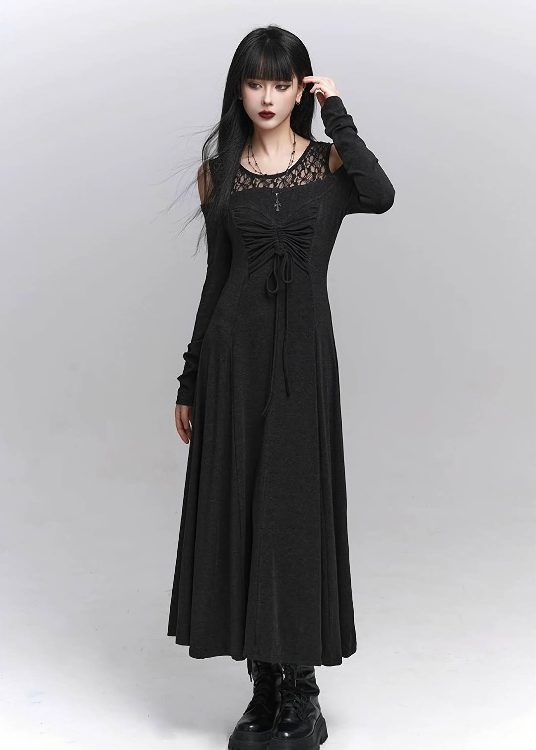Lace-up Sheer Sleeve Long Dress / lg1336_e4r