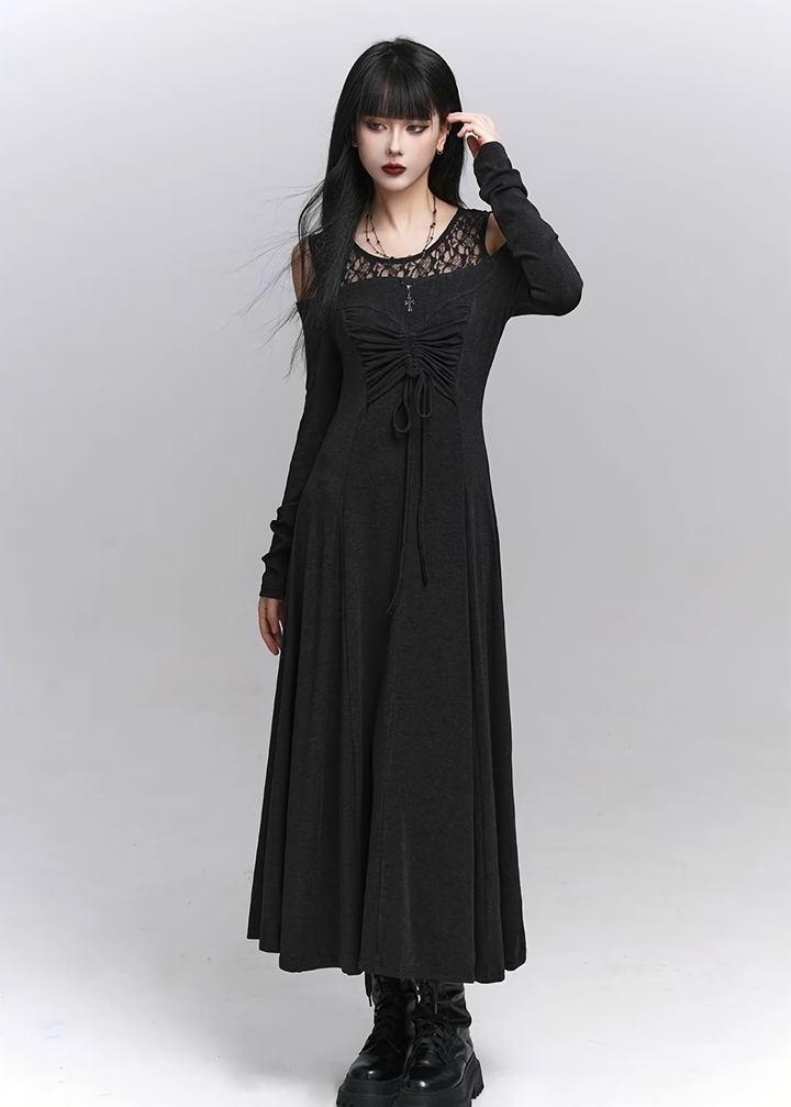 Lace-up Sheer Sleeve Long Dress / lg1336_e4r