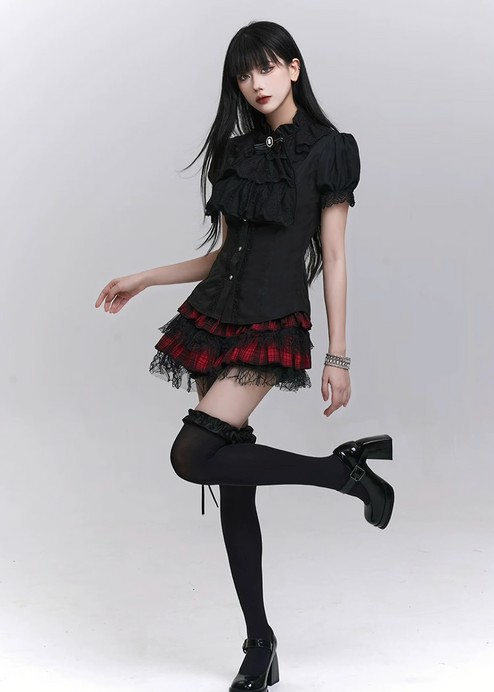 Lace-trimmed puff sleeve shirt / LG1301 