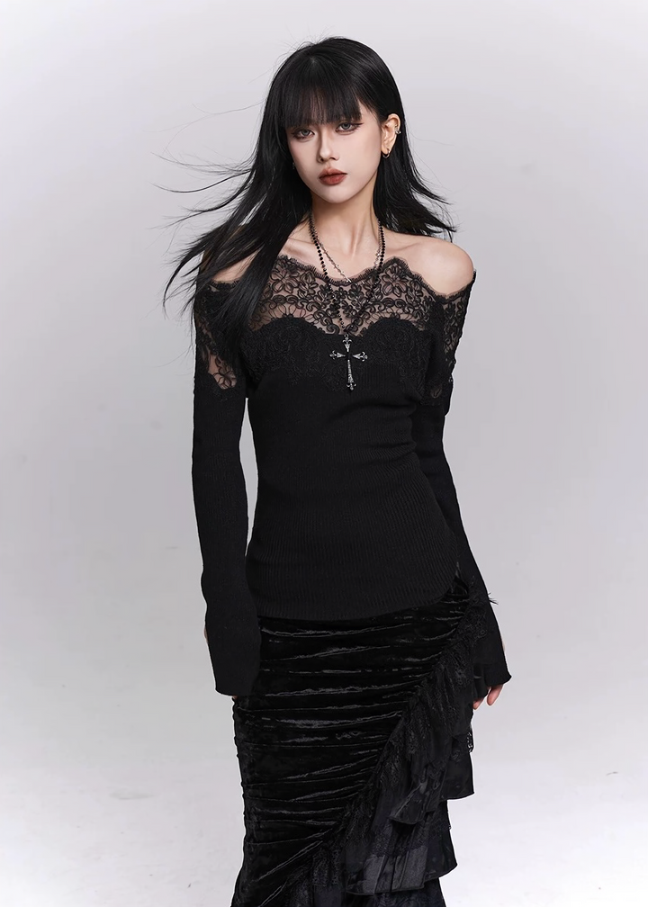 SHADOW LACE OFF-SHOULDER KNIT TOP / LG1487
