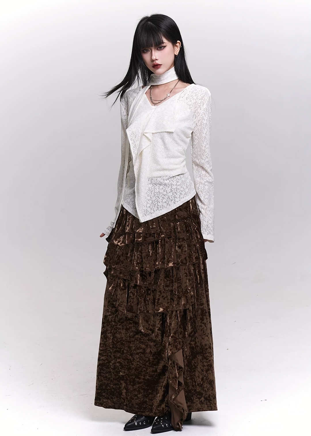 VELVET CASCADE RUFFLE MAXI SKIRT / LG1479