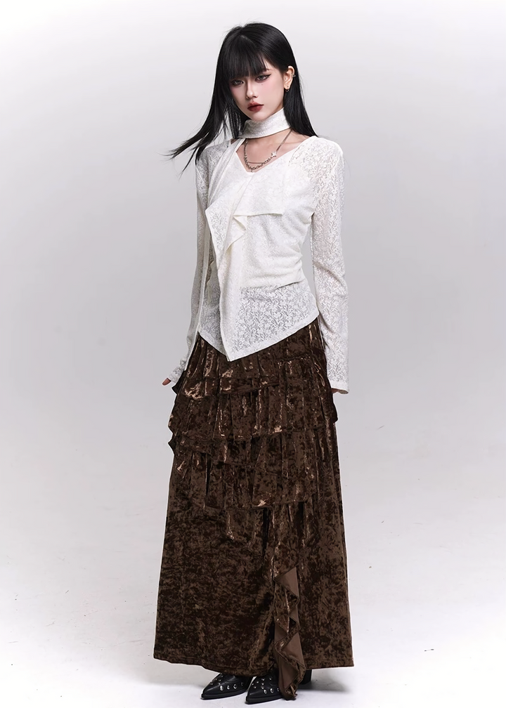 VELVET CASCADE RUFFLE MAXI SKIRT / LG1479
