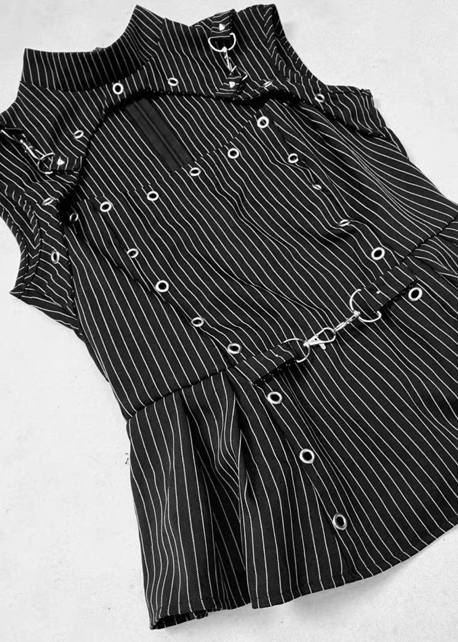 DARK STRIPE GROMMET PEPLUM TOP / LG1682