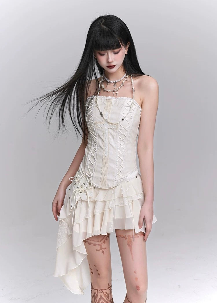 white cross tube top & lace irregular skirt / LG1240