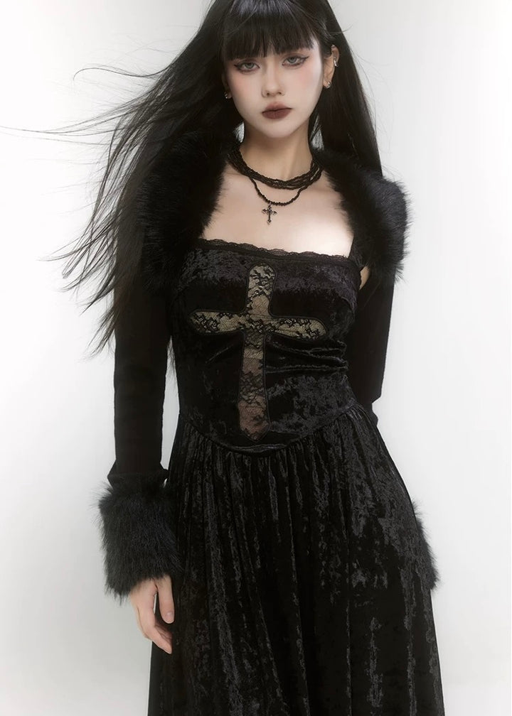 [Same day delivery] gothic cross dress &amp; short fur jacket / LG1185 